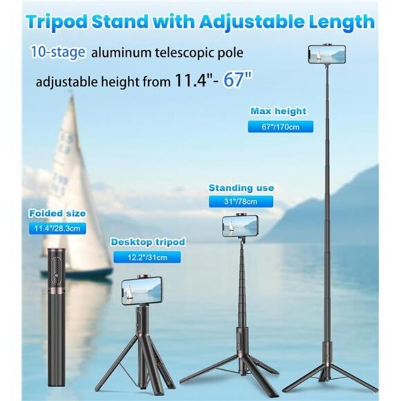 67 Inch Phone Tripod Stand with Remote Selfie Stick for iPhone Android Camera - Picture 3 of 7